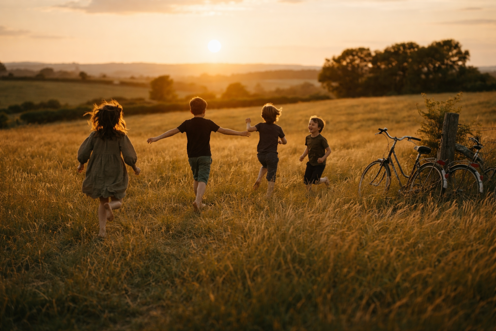 children running through a golden field making memories laughing