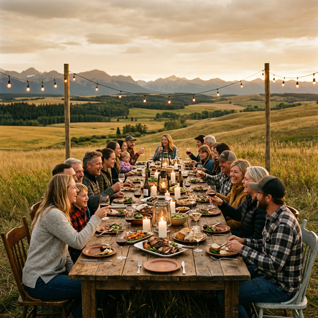 people at a rustic table happy and eating outdoors